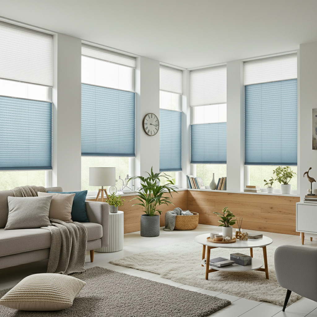 Unsere Doppelplissees bieten viele Möglichkeiten, ihren Wohnraum passend zu beschatten. Plisseefarbe: Oben 20123 - Ruhiges Himmelblau Unten 10502 - Klassisches Weiß