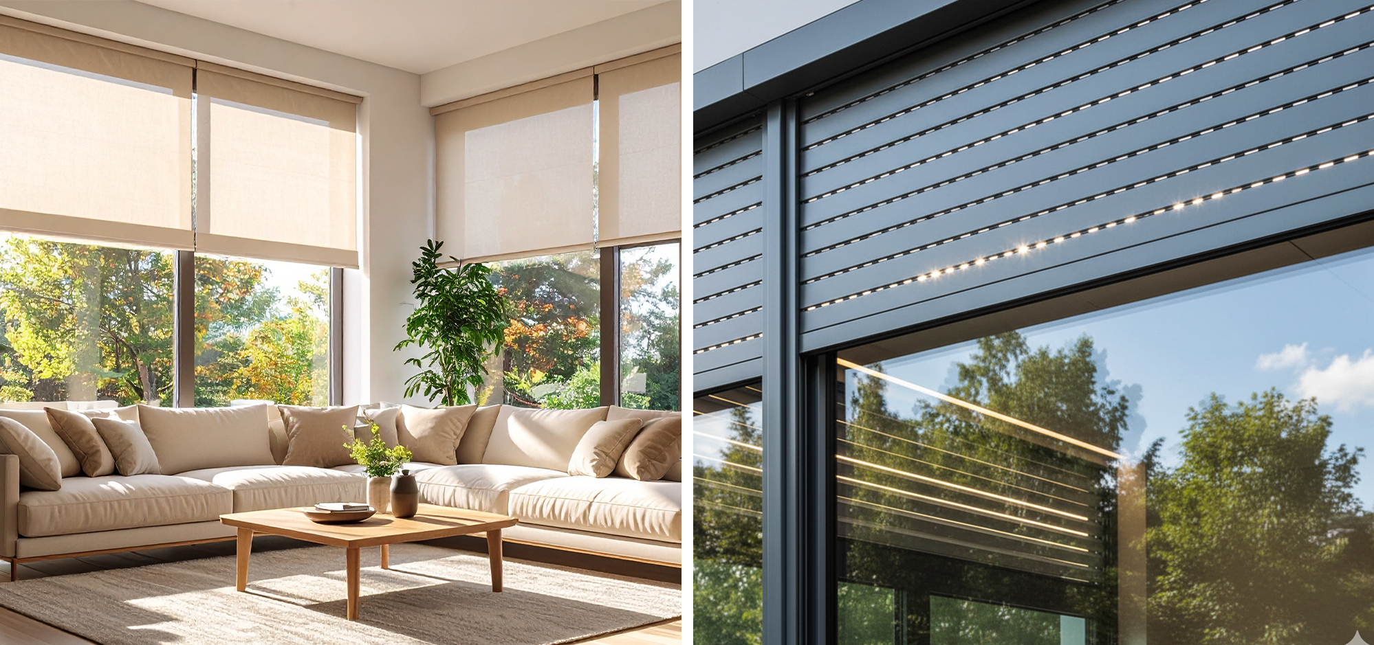 Flexible Rollos sorgen für gemütliches Licht im Wohnbereich, während robuste Rollläden optimalen Schutz bieten