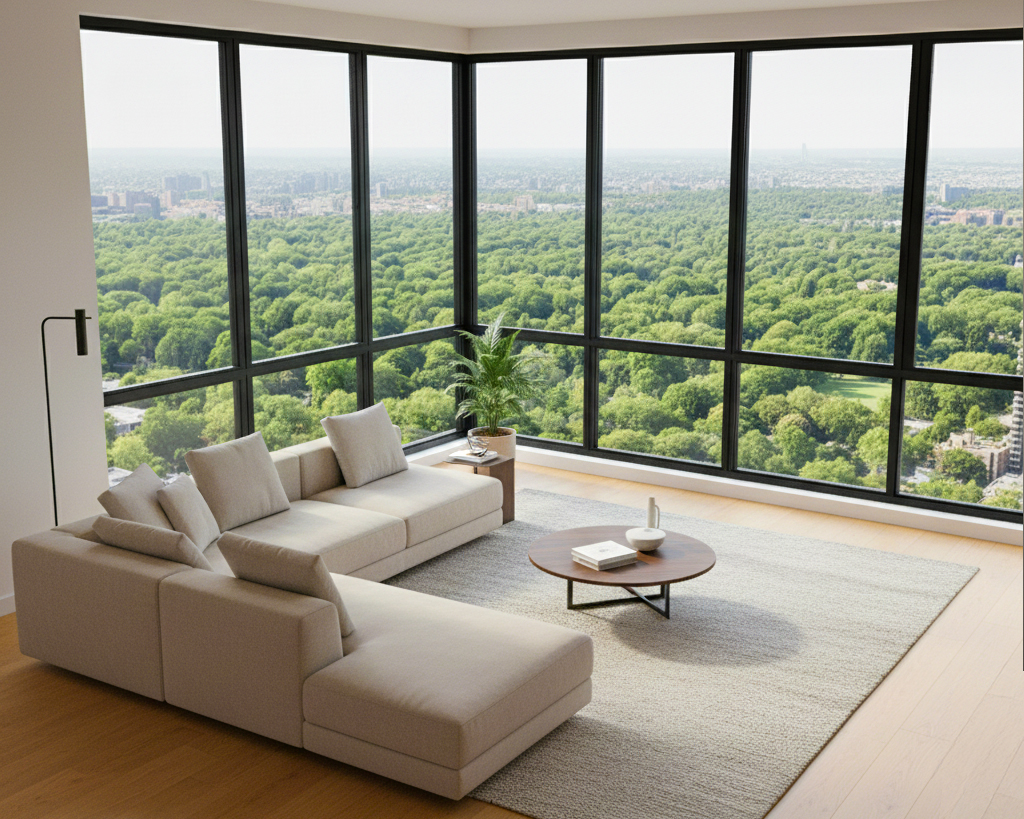 Diese großzügigen Fenster eröffnen einen atemberaubenden Panoramablick ins Grüne und holen die Natur direkt ins Wohnzimmer