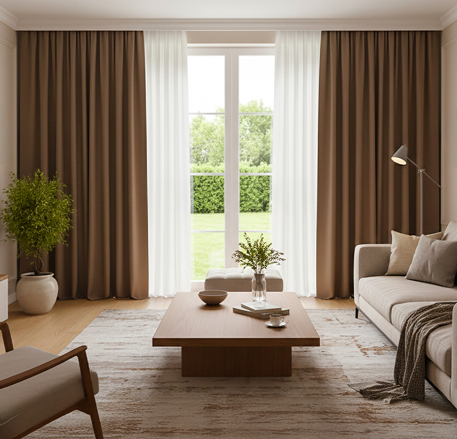 Stimmungsvolle Gardinen setzen elegante Akzente in diesem gemütlichen Wohnzimmer.