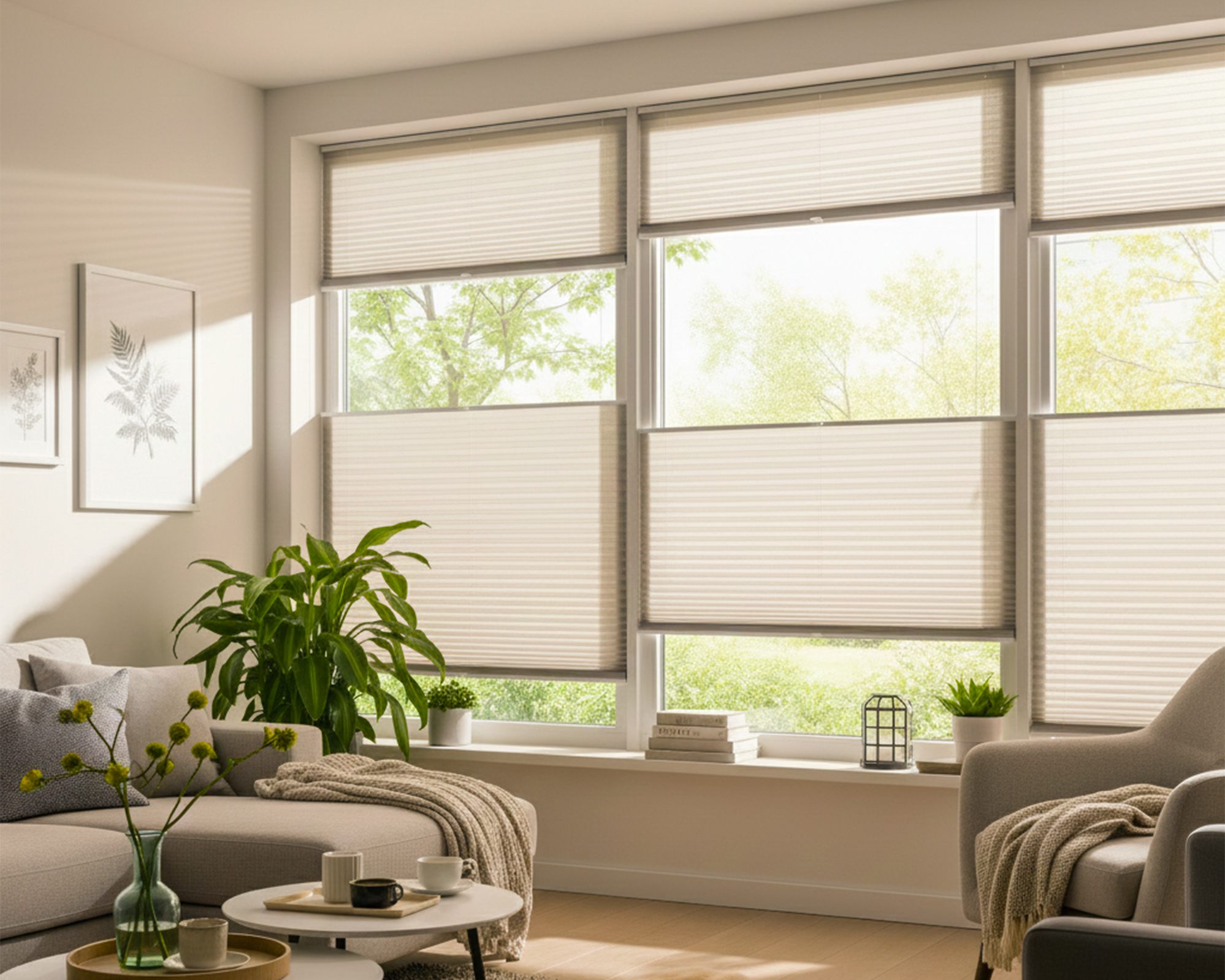 Helle Plissees schaffen eine behagliche Atmosphäre und filtern das Tageslicht sanft