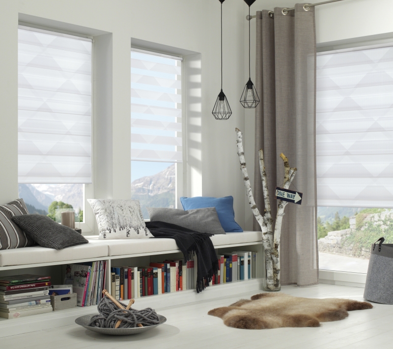 Easyfix Doppelrollo Triangle, ohne Bohren, weiß/grau